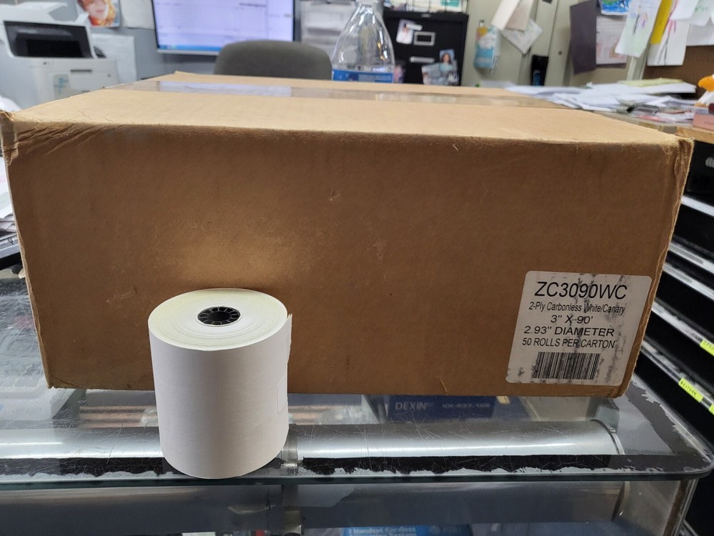 3&Prime; x 90&prime; 2-ply Carbonless White/Canary Receipt Paper Rolls, 50 rolls/case