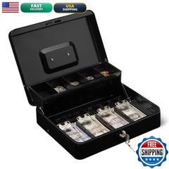 Retailer Basics Cash Box with Lock Key & Money Tray, 11.81&Prime; x 9.45&Prime;, Black