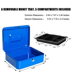 Jssmst Cash Box with Tray – Key Lock Safe Money L(9.84&Prime;), Blue