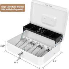 Cash Box Lock Money Tray Metal Safe Register 11.8×9.4×3.54 Inch White Large