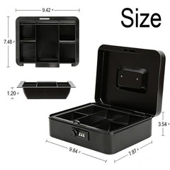 Black Large Metal Cash Box Combination Lock Removable Money Tray 9.8×7.9