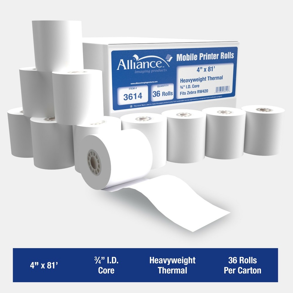 Alliance Heavyweight Hand-Held Thermal Printer Rolls 4&Prime; x 81&prime;, 36 Rolls per Case