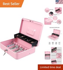 Stylish Pink Cash Box with Durable Key Lock & Cantilever Money Tray, 11.8&Prime;x9.5&Prime;