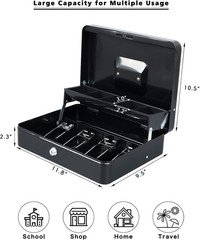 Cash Box with Money Tray and Key Lock,Tiered, Cantilever Design,4 Bill / 5 Coin