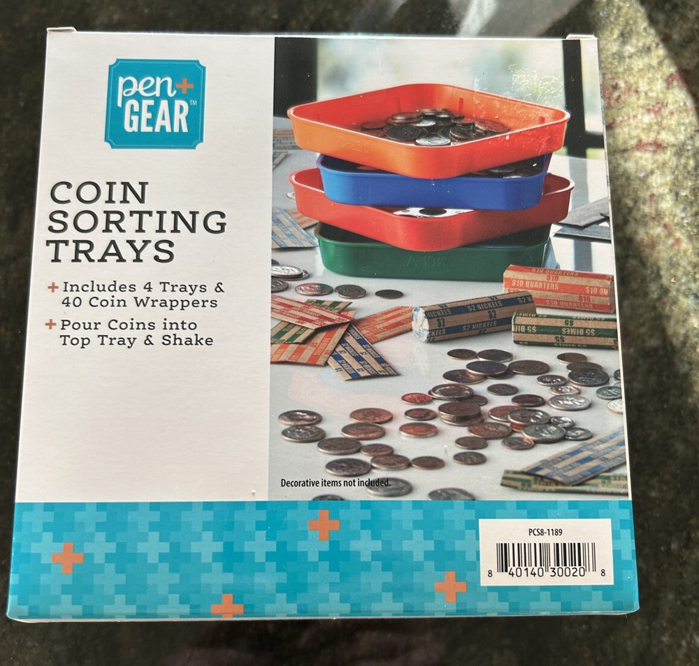 COIN SORTING TRAYS 4 TRAYS AND 40 COIN WRAPPERS INCLUDED POUR & SHAKE PEN + GEAR