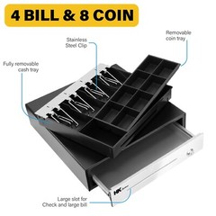 16&Prime; Stainless Steel Front Heavy Duty Black POS Cash Drawer with 4Bill/8Coin