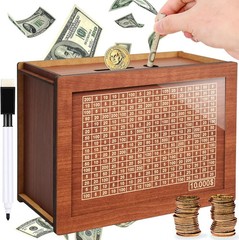 $10000 Cash Vault Wooden Savings Box,Wooden Savings Box with Money Target Numb