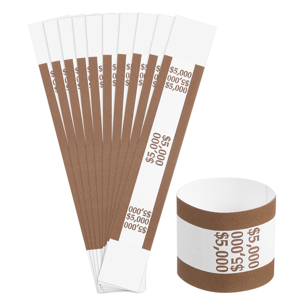 Pack of 100 Money Band Bundles, Self-Adhesive Bill Wrappers, 7.6&Prime;x1.02&Prime;, Brown
