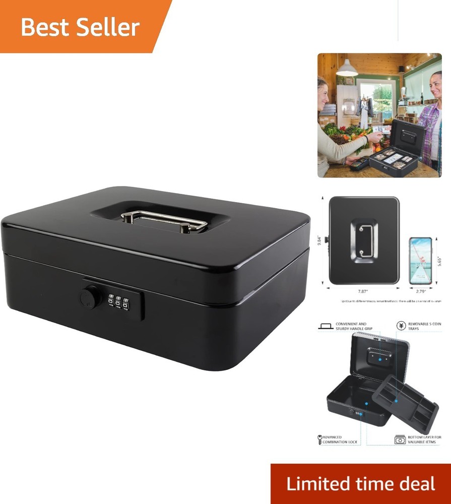 Portable Cash Box with Combination Lock and 5-Compartment Money Tray – Black
