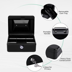 Small Cash Box with Money Tray and Lock, Metal Small, Black – Key Lock