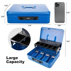 11.8×9.5×3.5 Inch Cash Box Combination Lock Sliding Coin Lid Money Tray Blue