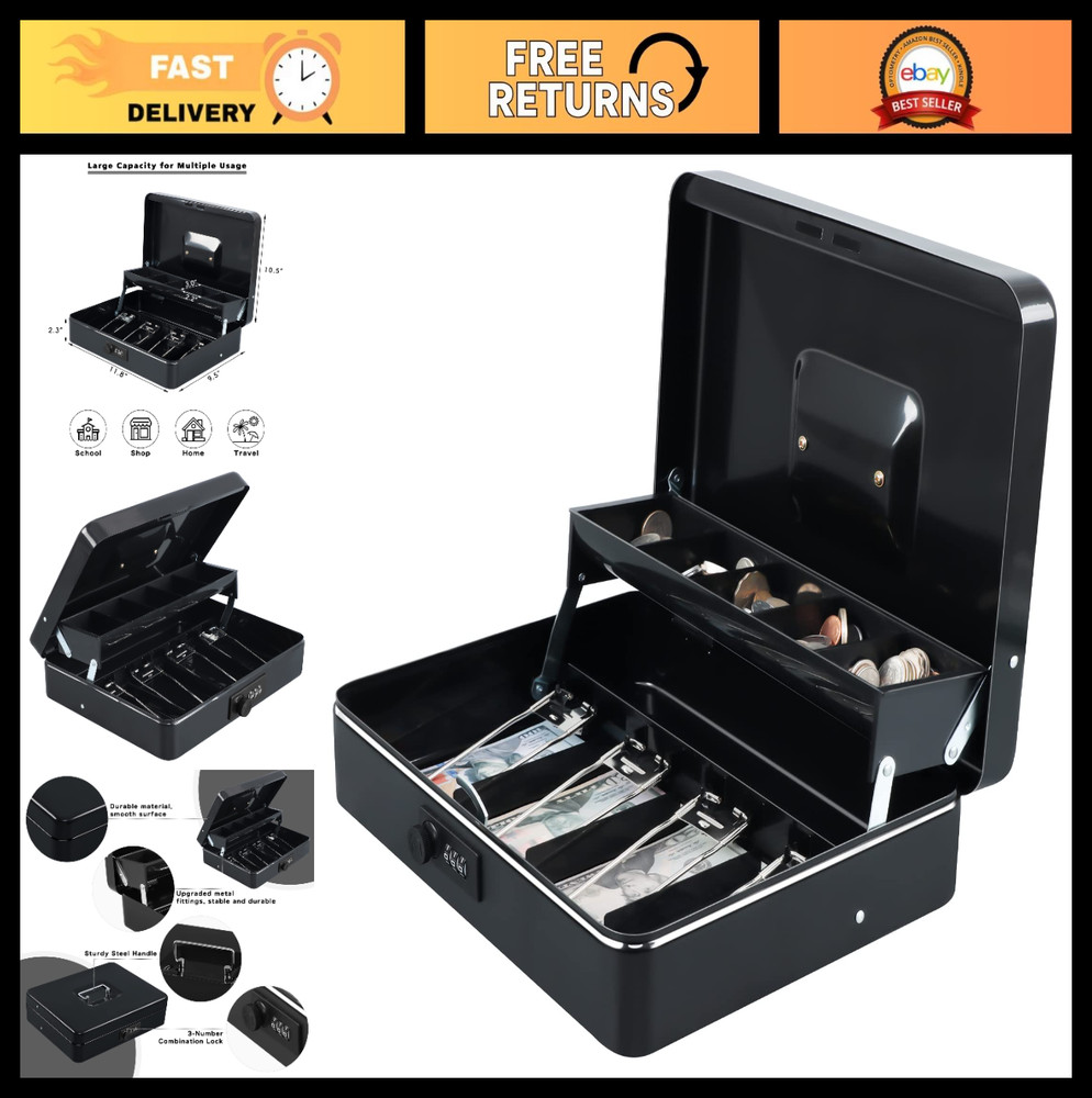 Secure Cash Box with Combination Lock – Metal Money Safe Storage, Black