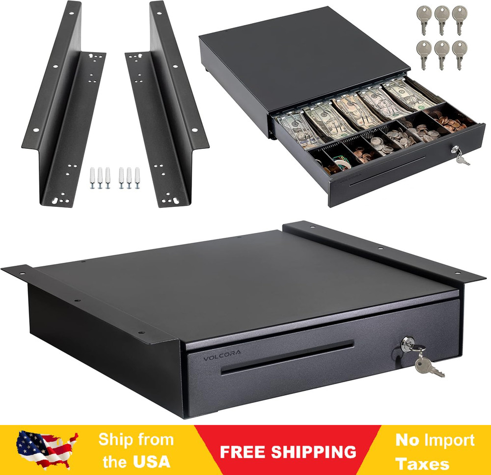 Volcora Cash Register Drawer with Under Counter Mounting Metal Bracket 16 Black