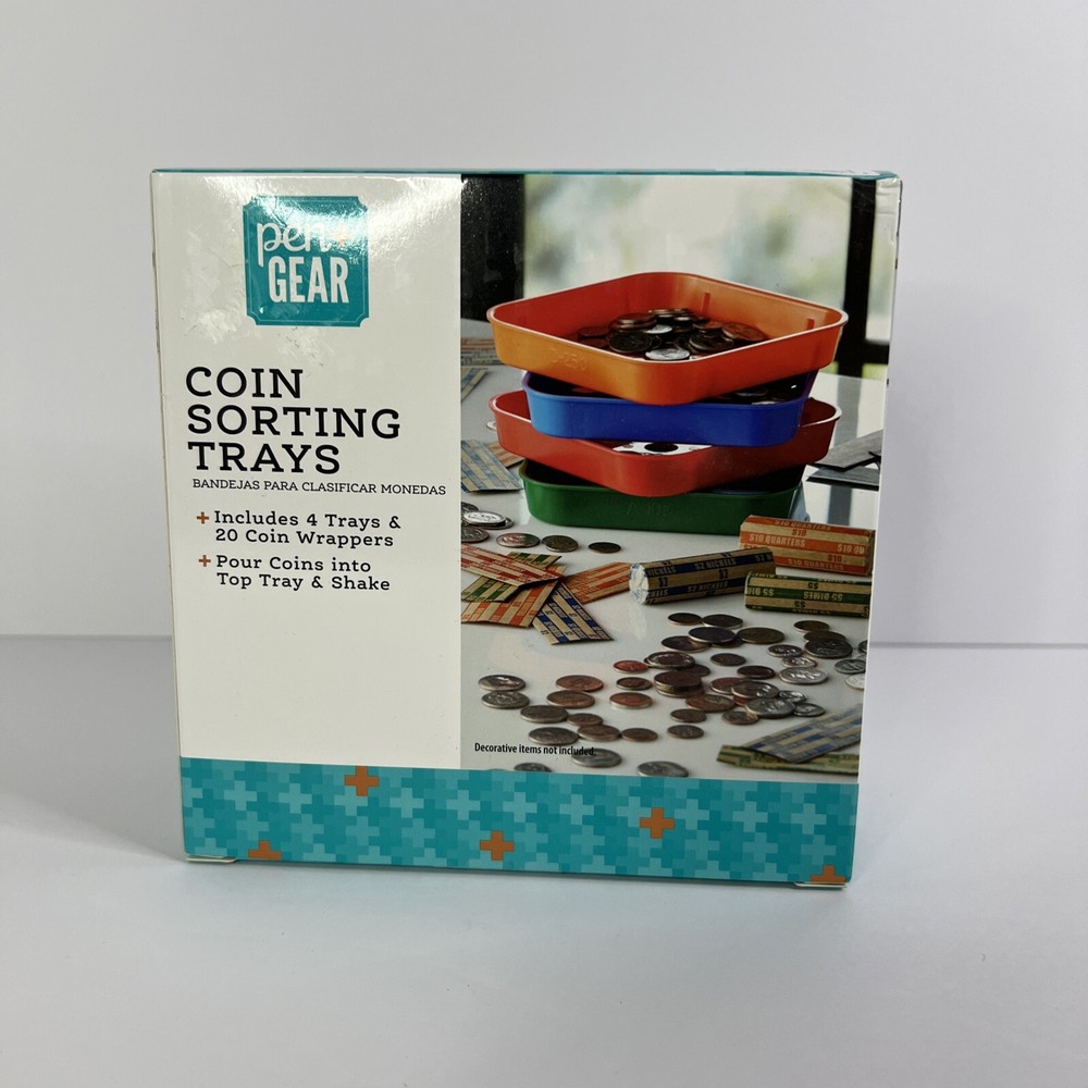 COIN SORTING TRAYS 4 TRAYS AND 40 COIN WRAPPERS INCLUDED POUR & SHAKE.