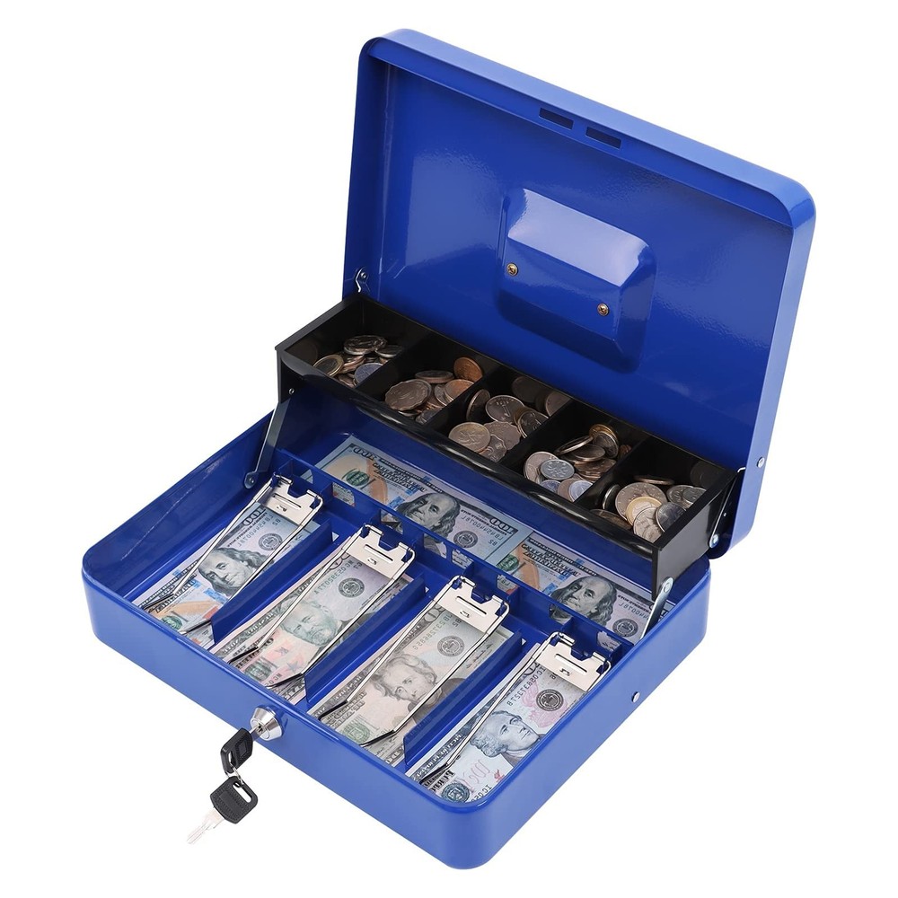 Blue Metal Cash Box Key Lock Money Tray 4 Bill 5 Coin 11.8×9.5×3.5 Inch Safe