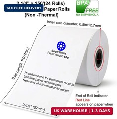 (24 Rolls)2 1/4 in x 150 ft Adding Machine Tape Paper Rolls, for HR-10RC, HR-170