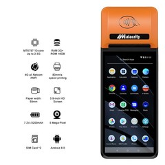 Alacrity Handheld Mobile POS PDA Terminal, 1D 2D Scan Module, 58mm Orange
