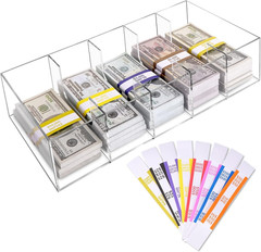 Clear Cash Tray with 300 Currency Wrappers, Acrylic Money Organizer Storage Chan