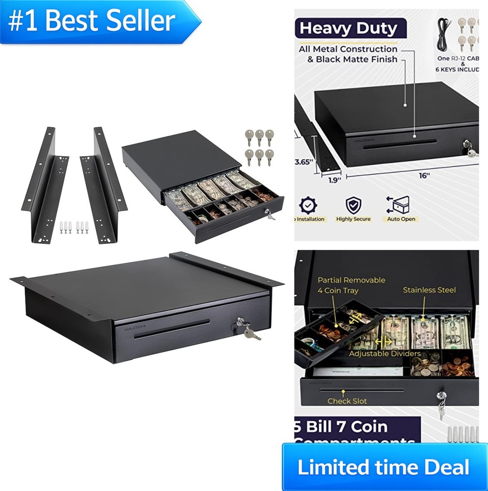 Cash Register Drawer 16 Inch Black 5 Bill 6 Coin Tray Under Counter Mount