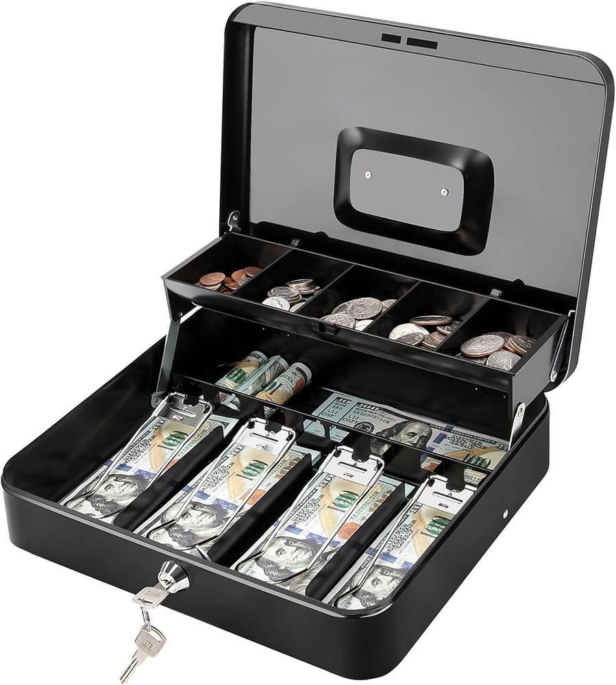 Cash Box with Key Lock – 0.7Mm Solid Steel, Auto-Pop Spill-Proof Foam Coin Tray,