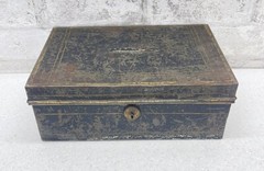 Antique METAL BOX BLACK GOLD DOCUMENT BOX No key