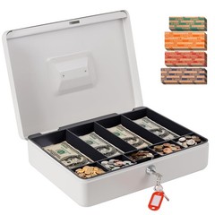XL Grey Beige Metal Locking Cash Box Money Tray Organizer Lock Key 100 Wrapper