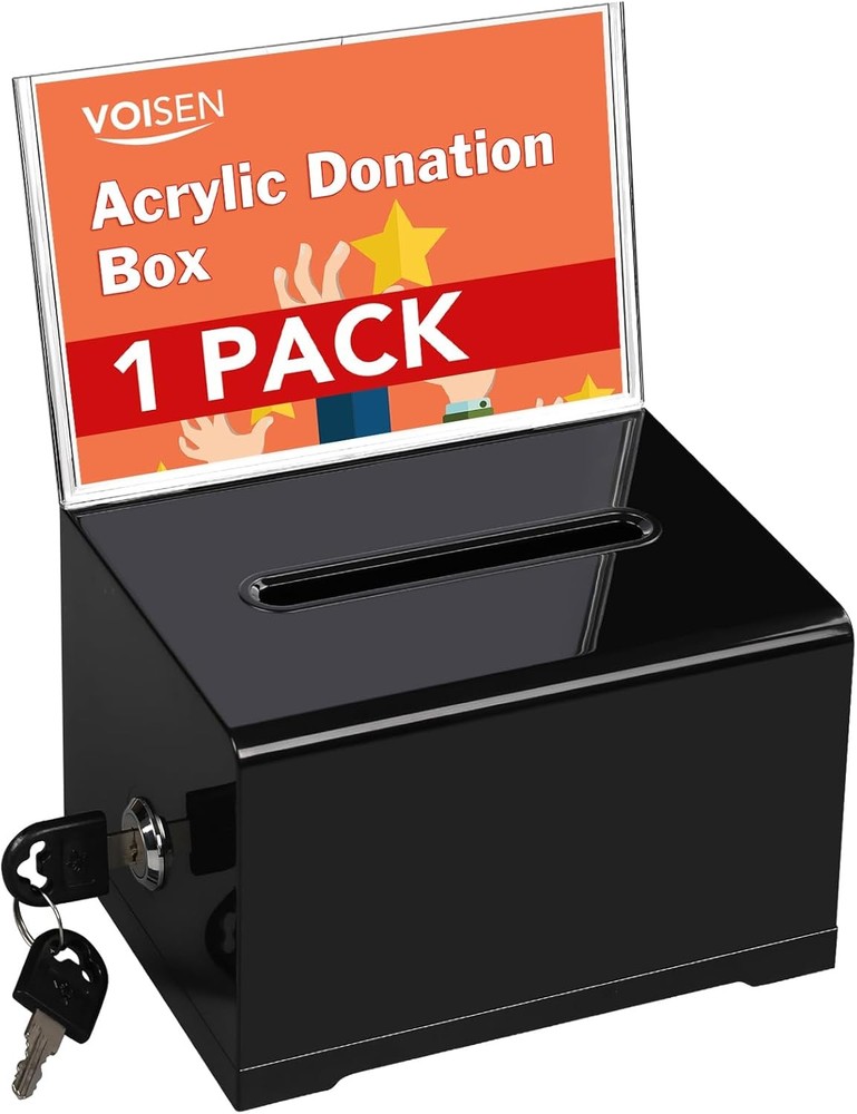 VOISEN Acrylic Donation Box with Lock Black Tip Jar Sign Holder 6.2×4.6×3.9&Prime;