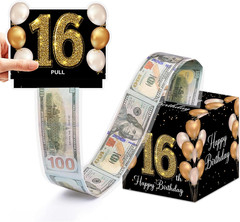 16Th Birthday Money Box for Cash Pull, Happy Birthday Black Gold Boxes