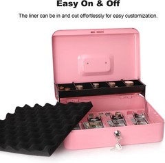 Cash Box with Key Lock & Foam Auto-Pop Coin Tray – Secure Steel Money Box wit…