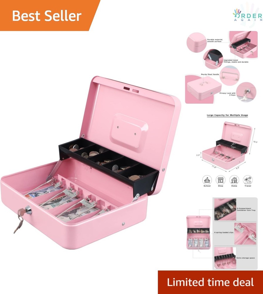 Pink Cash Box with Key Lock and Tiered Coin Tray for Secure Storage