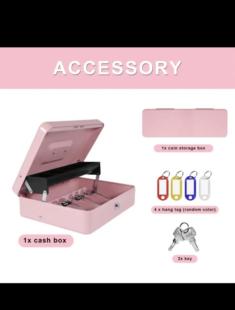 Metal Cash Box 9 x 5 in w/ Coin Tray, Key Lock, Handle, 2 Keys
