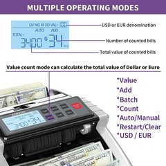 Money Counter Machine with Value Count, Dollar, Euro UV/MG/IR/DD/DBL/HLF/CHN …
