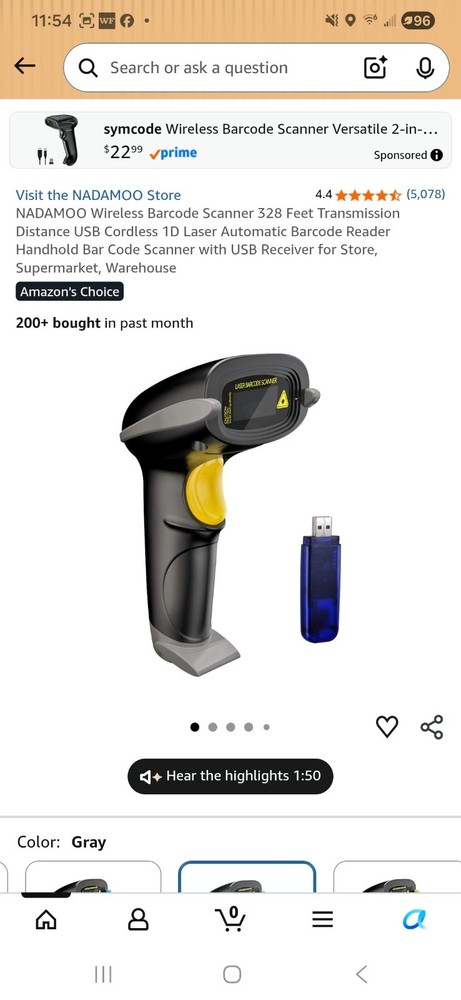 NADAMOO Wireless Barcode Scanner 328 Feet Transmission Distance USB Cordless 1D