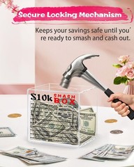 10k Smash Box for Money, Unbreakable Piggy Bank Adults Save $10,000 5.9in