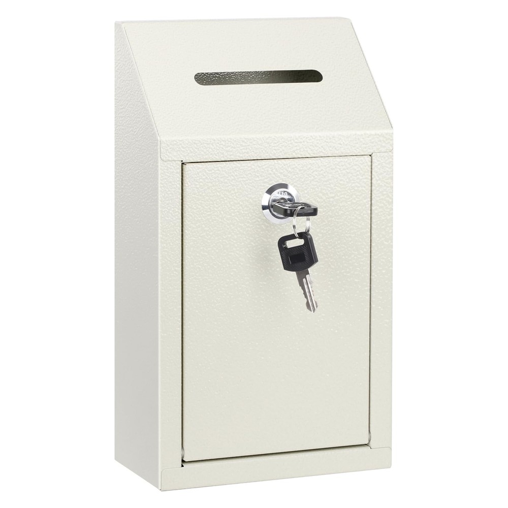KYODOLED Money Cash Drop Box with Lock, Metal Donation and Compact, White