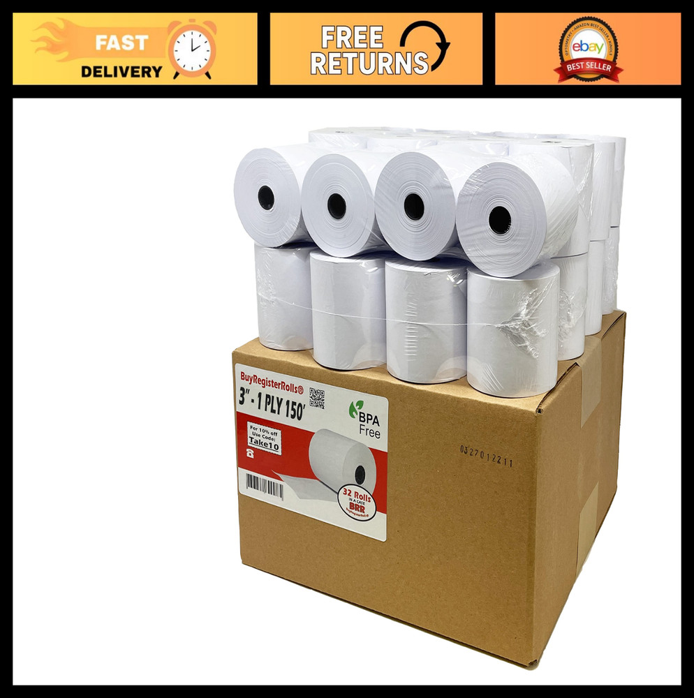 32 Rolls 3&Prime; x 150&prime; 1-Ply Non-Thermal POS Receipt Paper for Cash Registers & Prin