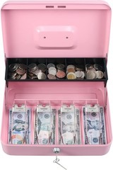 Pink Cash Box with Key Lock and Tiered Coin Tray for Secure Storage