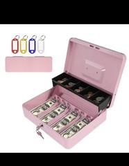 Metal Cash Box 9 x 5 in w/ Coin Tray, Key Lock, Handle, 2 Keys