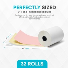(32 Rolls) 3 Ply Kitchen Printer Paper White/Canary/Pink Carbonless Rolls 3” …