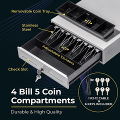 13&Prime; Cash Register Drawer for Point of Sale (POS) System with 4 Bill 5 Coin Cash