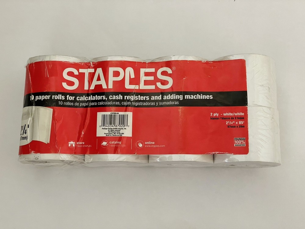 Staples 2 1/4 x 85, 8 Paper Rolls Calculates, Cash Registers and Adding Machines