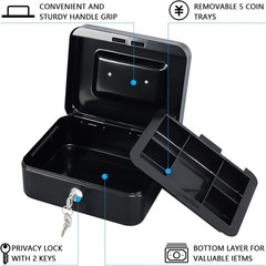 Secure Black Cash Box with Key Lock and Removable Tray – Home & Business Use