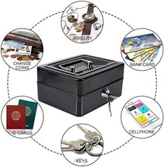 Secure Medium Cash Box, Key Lock, Removable Coin Tray, Black