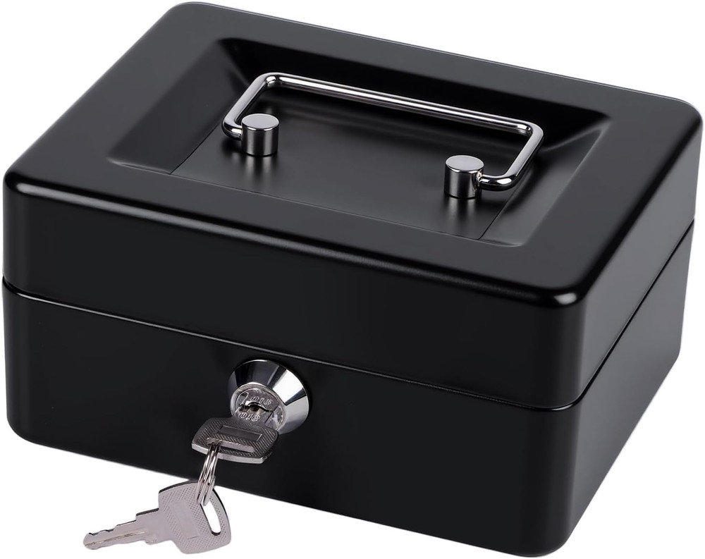 Small Cash Lock Box with Money Tray Two Keys Portable Storage Box Black Case Set
