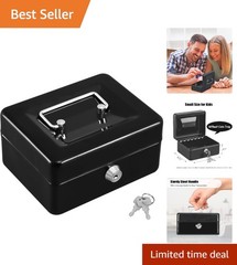 Portable Black Cash Box with Key – Durable Small Safe for Valuables 5.91&Prime;x4.72&Prime;