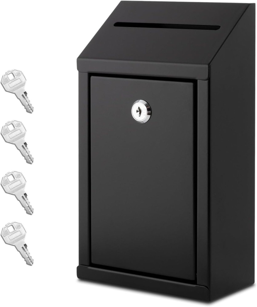 Metal Donation Box with Lock, Wall Mounted, Suggestion Box with 4 Iron Keys, Bla
