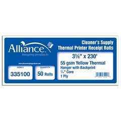 Dry Cleaners Thermal Rolls Yellow Hanger w/Back Print 3-1/8” x 230&prime; 55gsm 50 Rls