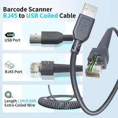 3M USB A to RJ45 Coiled Cable For Zebra DS3408-SR DS3508 DS3478 DS3578 LS7808