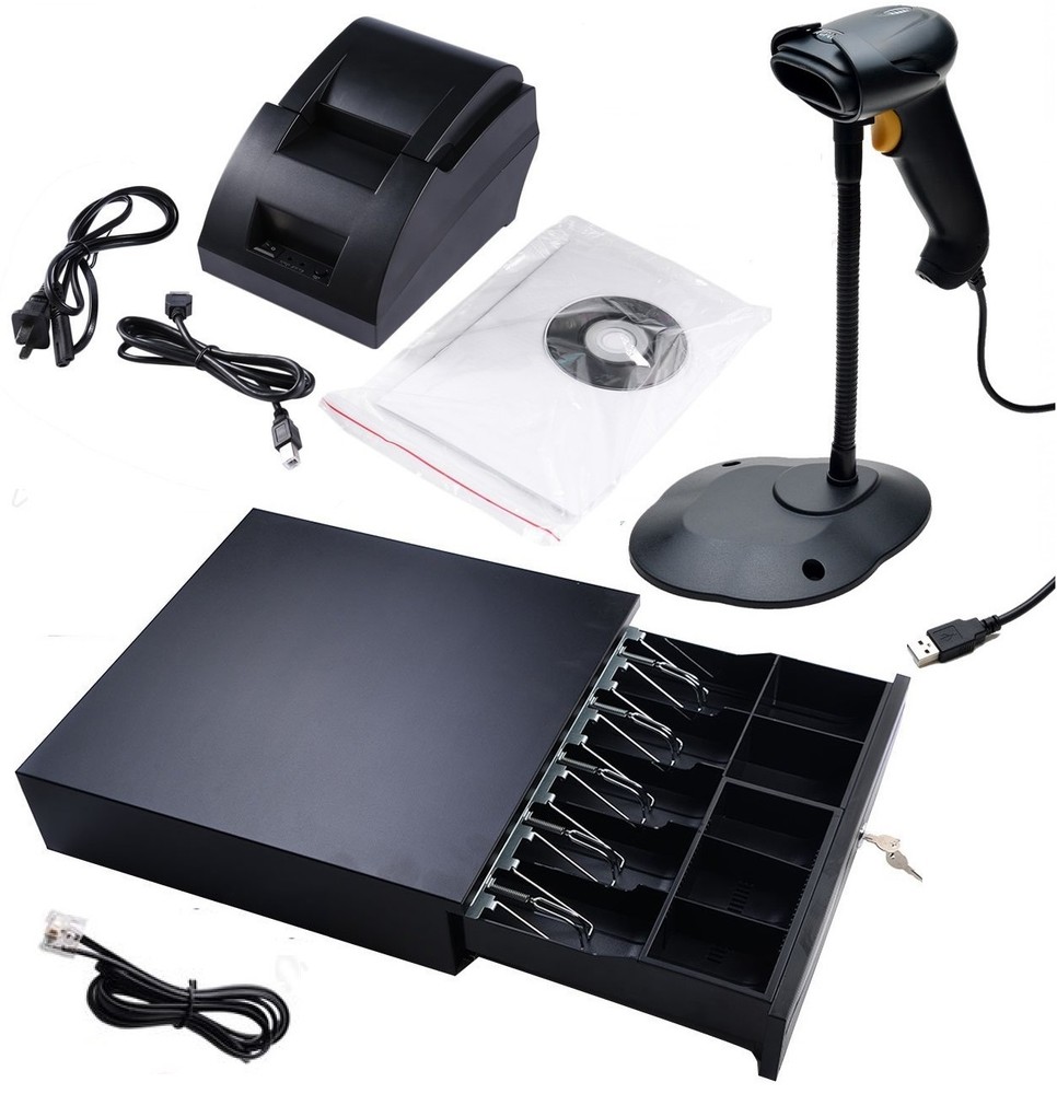 USB POS Thermal Receipt Printer Set Electronic Cash Drawer Barcode Scanner Stand
