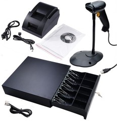 USB POS Thermal Receipt Printer Set Electronic Cash Drawer Barcode Scanner Stand